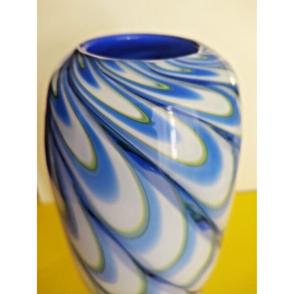 Eastern Art Blue & White  Glass Swirl Studio Hand Blown Large Vase 13" x 6" - Picture 8 of 10